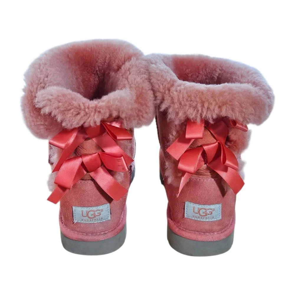 UGG Australia Bailey Bow II Pink Sheepskin Suede Mid Calf Boots Sz 4 Double Bows